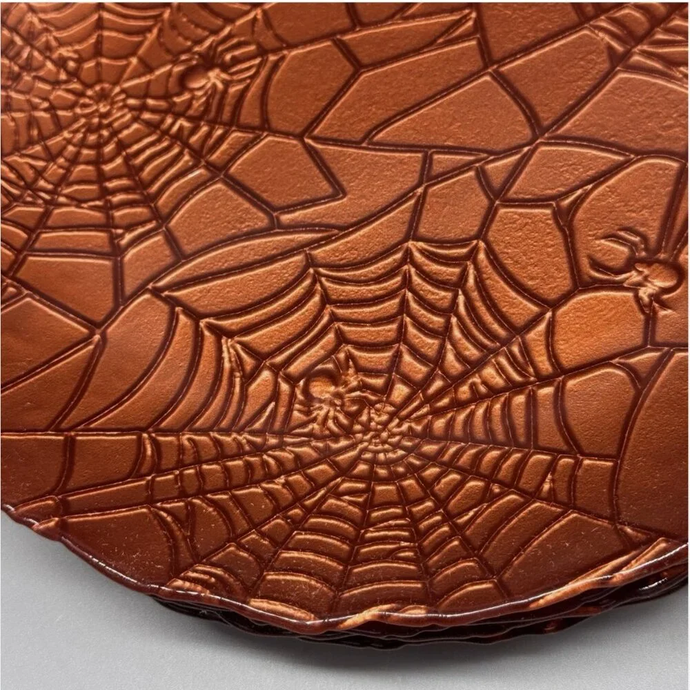 x4 Akcam Turkish Glass Halloween Salad Dessert Plates Orange Spiderweb Embossed